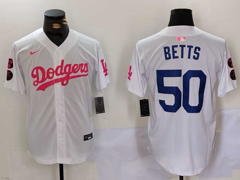 Mens Los Angeles Dodgers #50 Mookie Betts White Pink Vin & Kobe Patch Stitched Baseball Jersey1